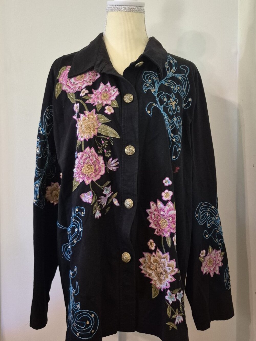 VTG INDIGO MOON Embellished Button Down Shirt XS‎ Floral Accents Retro Artsy 90s